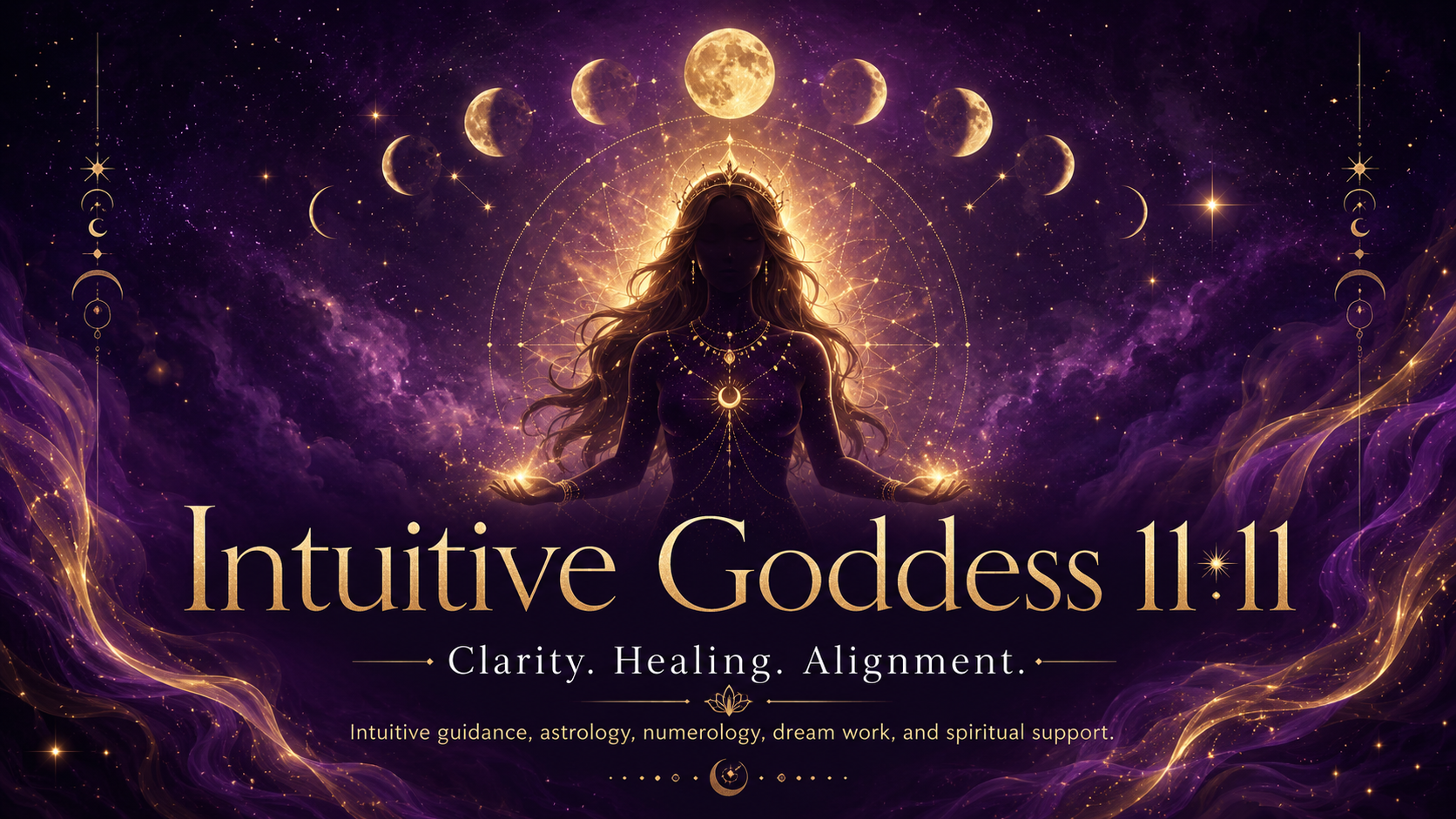 Intuitive Goddess 11:11 homepage hero featuring a purple and gold celestial goddess